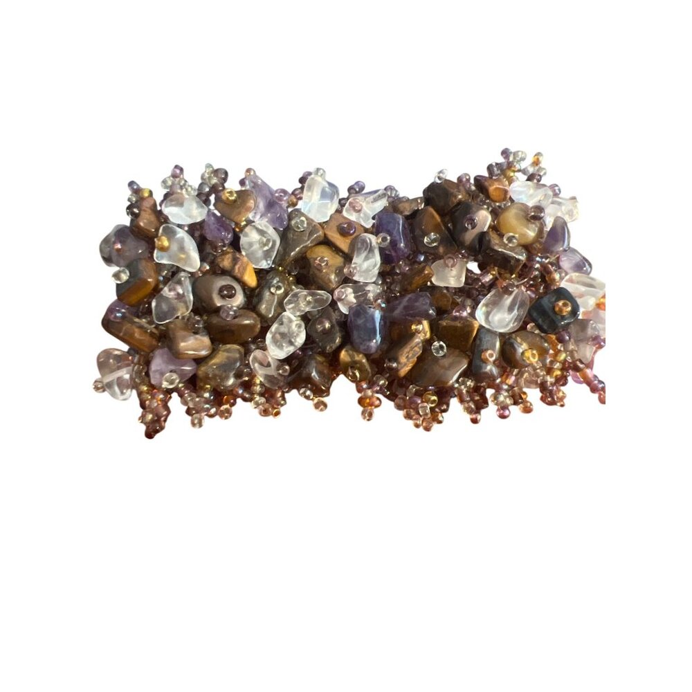 Bohemian Seed Bead Bracelet Amethyst Tigers Eye Quartz Double Button 6" 6.75"